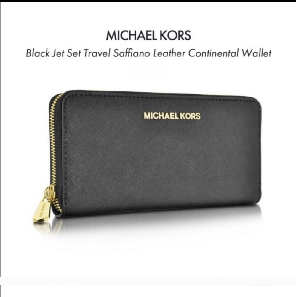 Michael Kors Black Saffiano Leather Continental Zip Wallet with Gold Hardware